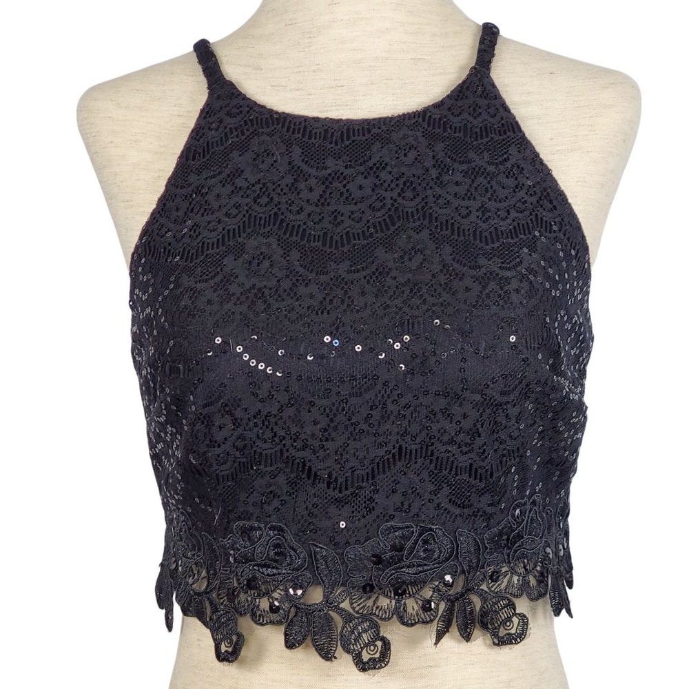 I.N. San Francisco Women top sz 7 Black Sequins crop fitted lace spaghetti strap